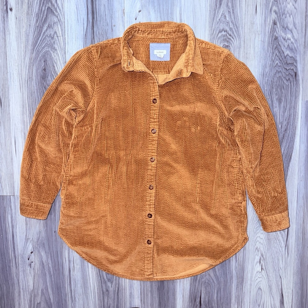 LL Bean Shirt Womens Medium M Brown Corduroy Cotton Long Sleeves Button Up Thick